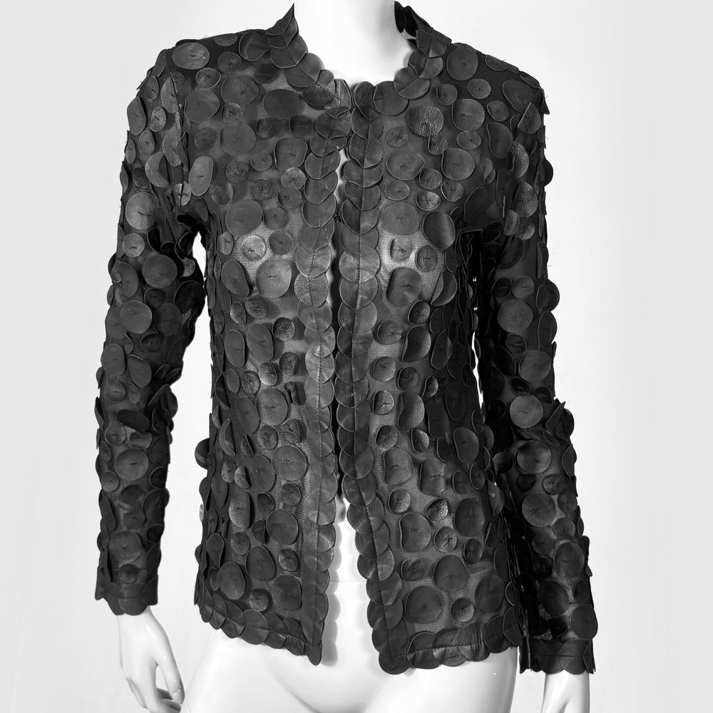 Kushi Black Genuine Leather Mesh Circle Applique Jacket XS Goth Grunge Artsy